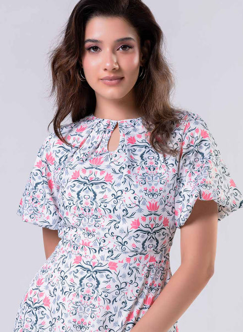 Neck Pleated Printed Satin Dress